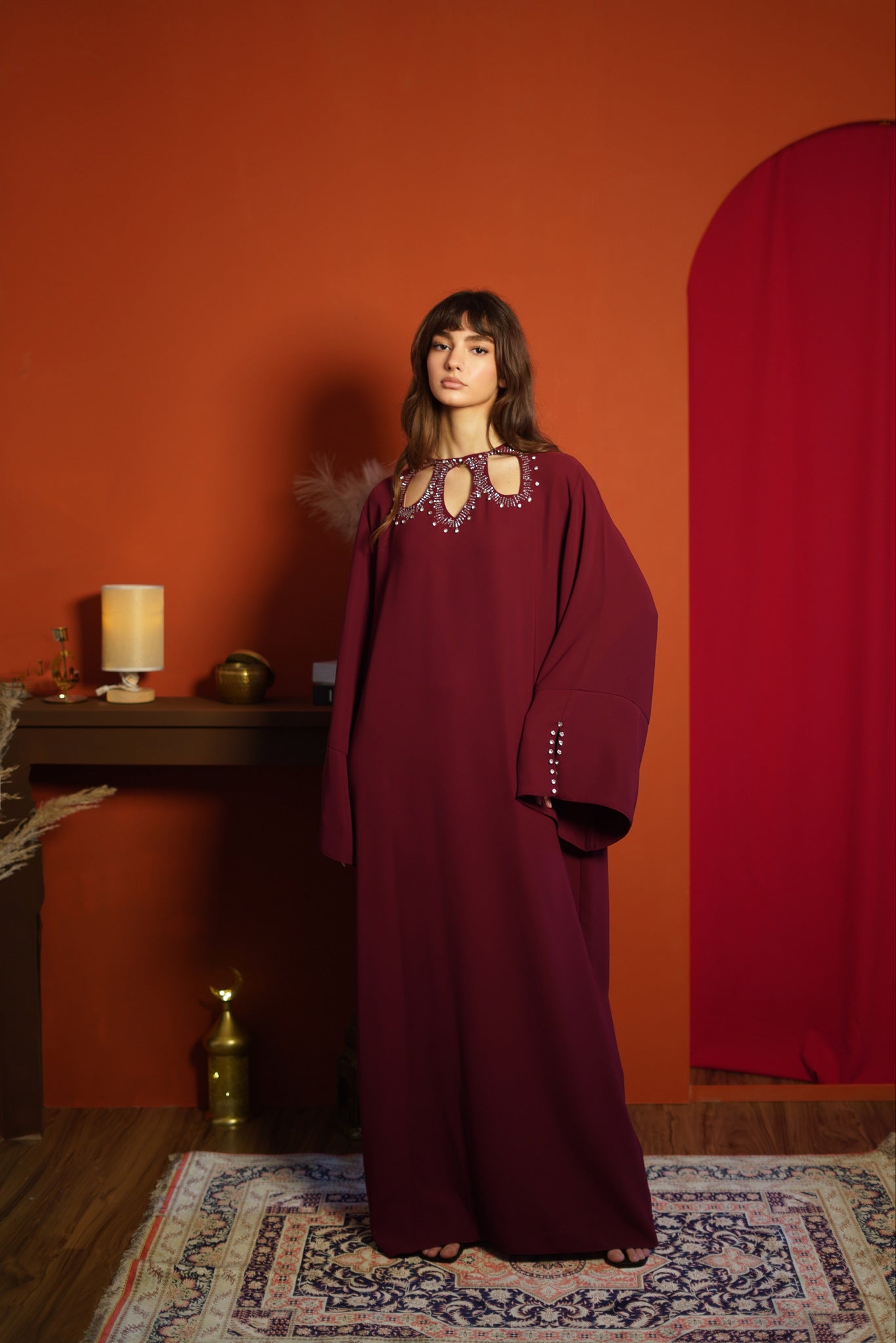Burgundy Crystal-Embellished Kaftan
