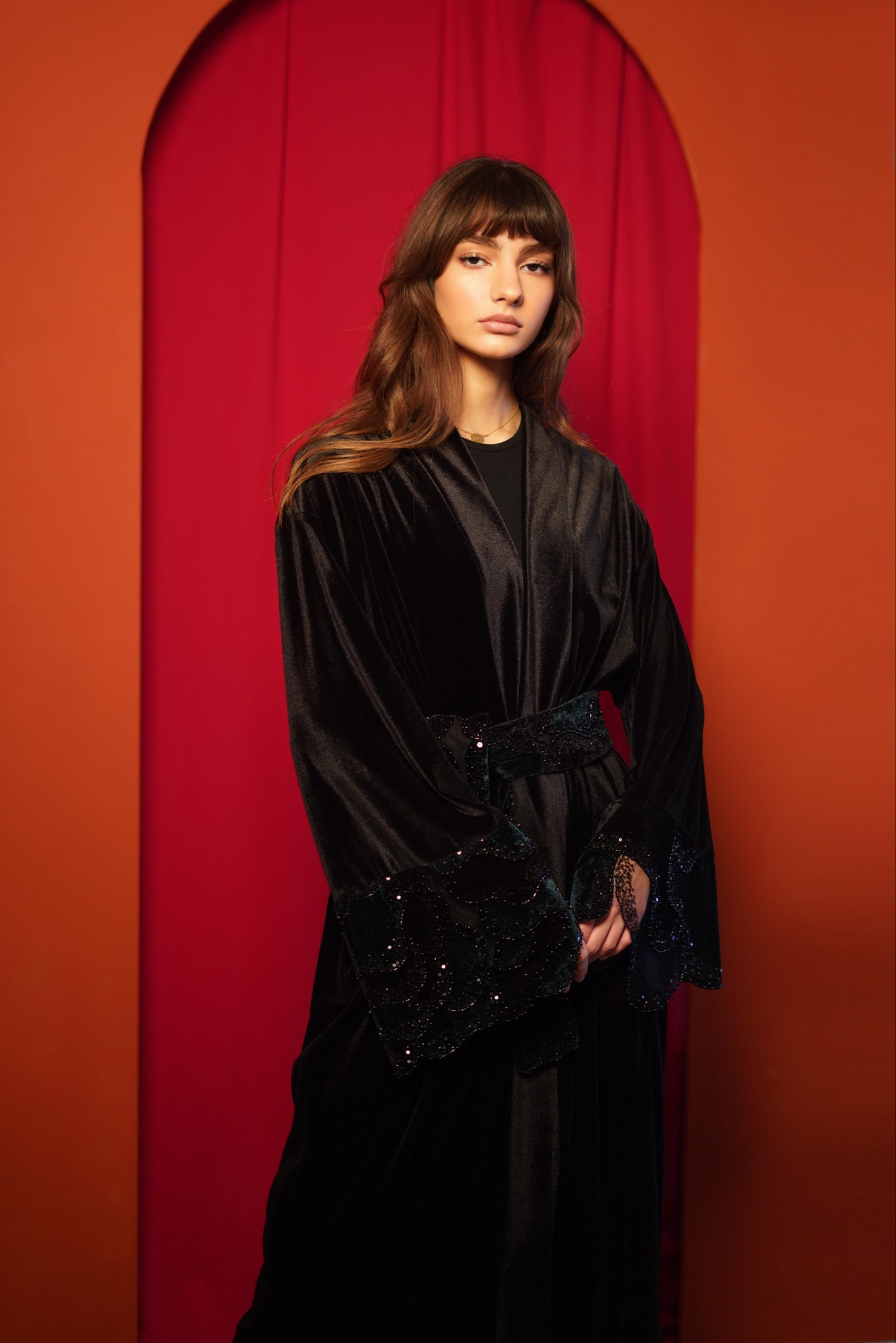 Black Velvet Abaya with Green Embroidery