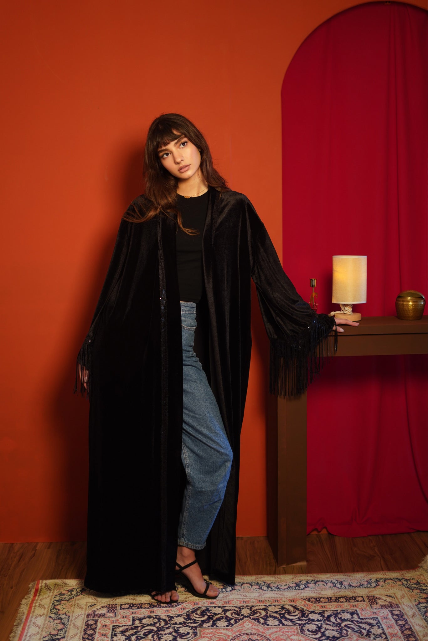 Feathered Black Velvet Abaya