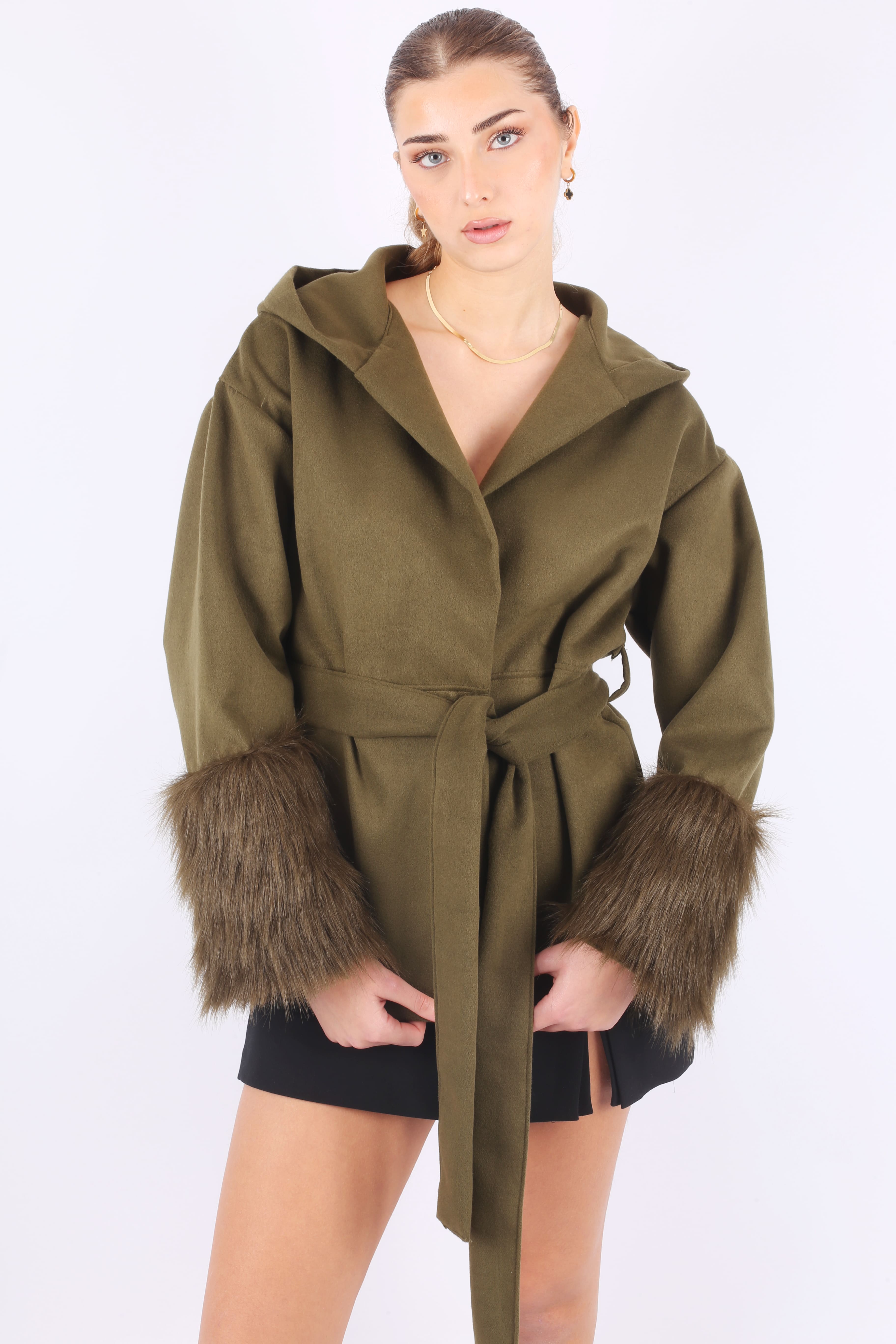 Olive Faux Fur Belted Jacket