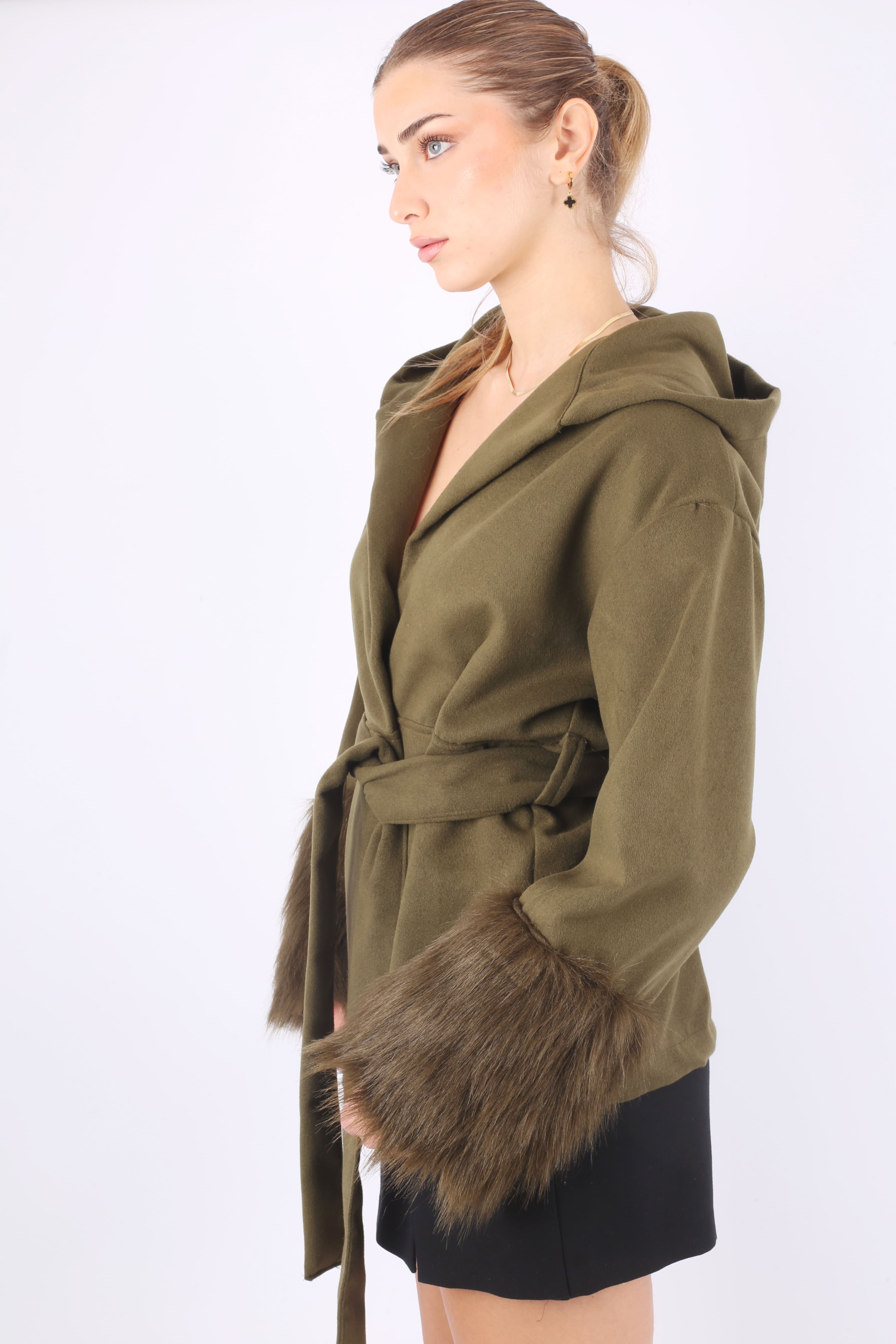 Olive Faux Fur Belted Jacket