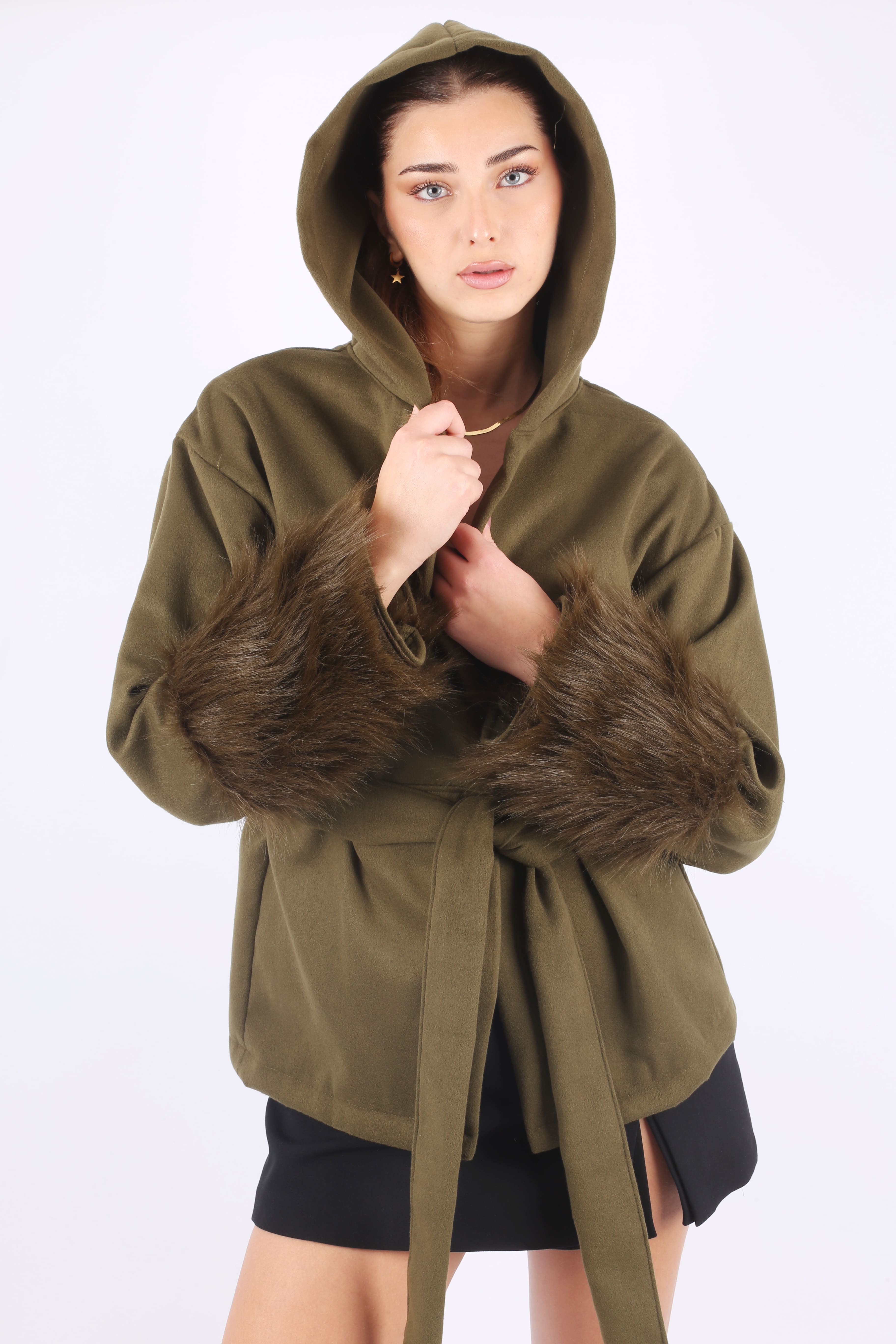 Olive Faux Fur Belted Jacket