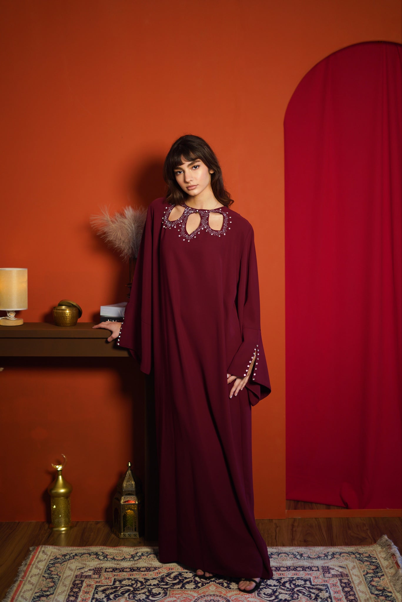 Burgundy Crystal-Embellished Kaftan