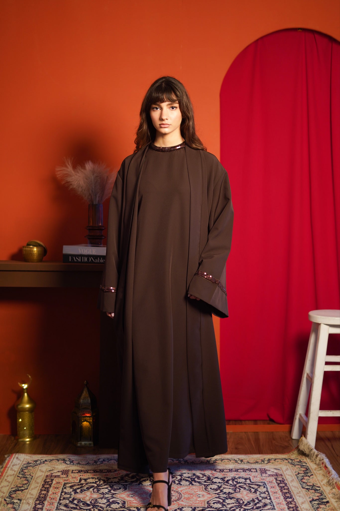 Brown Dress & Abaya Set