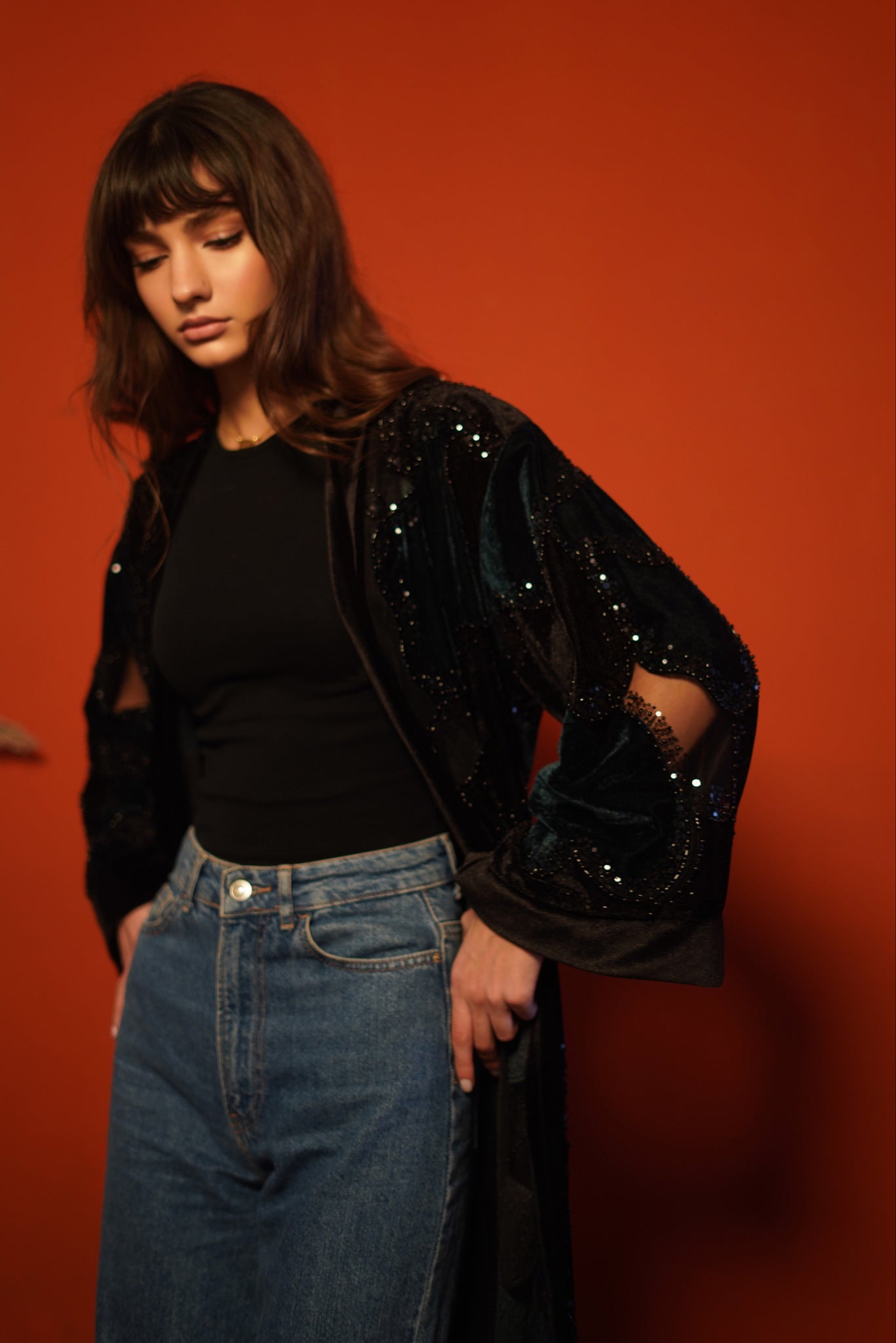 Green Embroidered Velvet Abaya