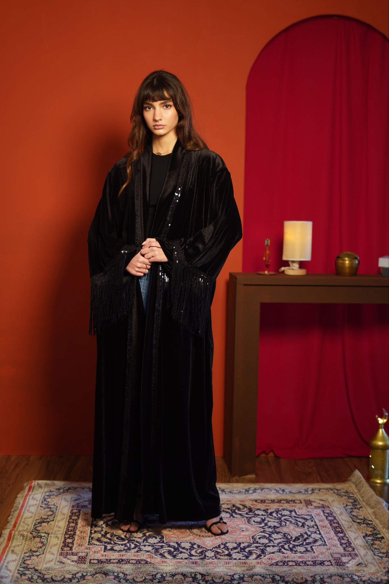 Feathered Black Velvet Abaya