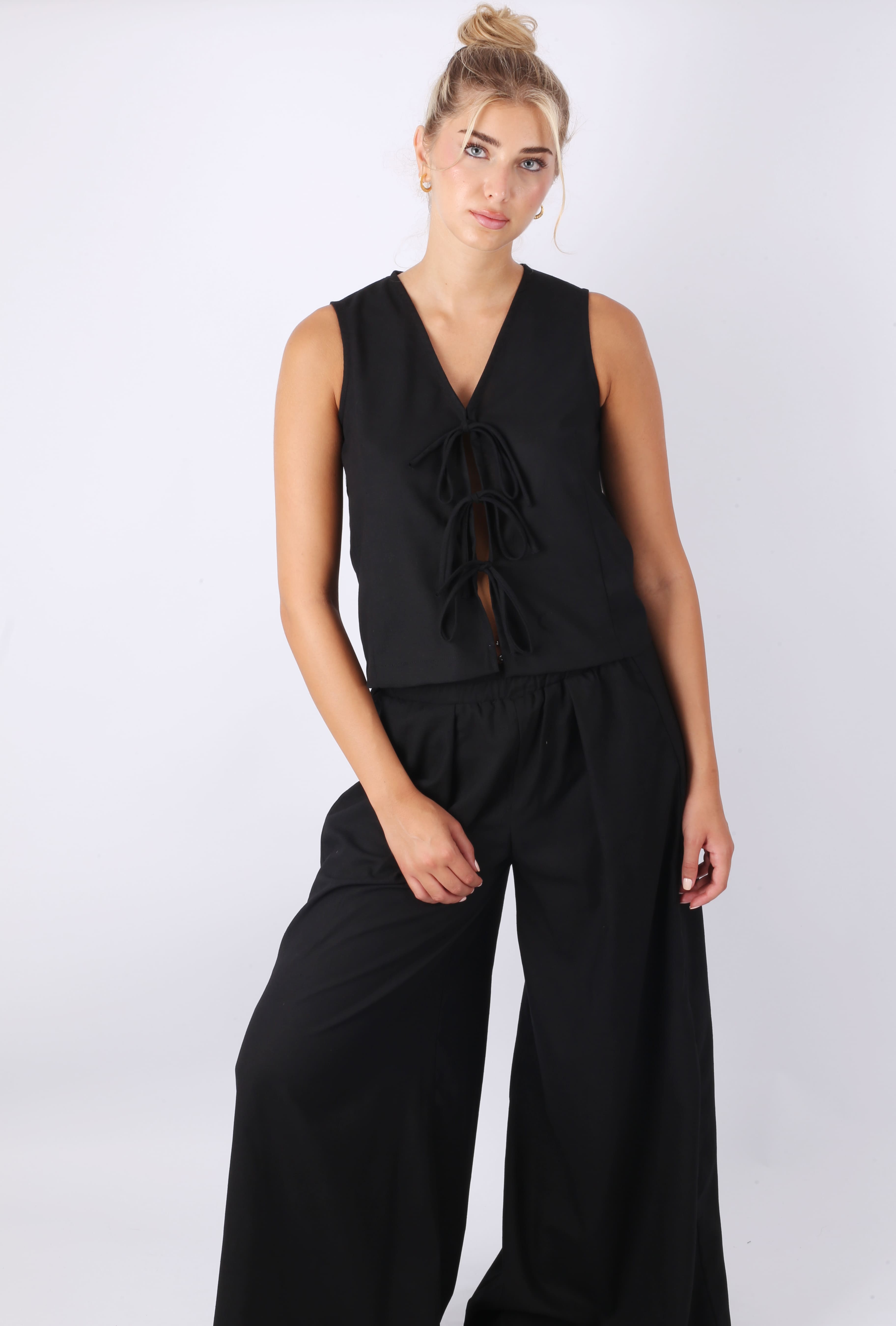 Black Tie-Front Sleeveless Set