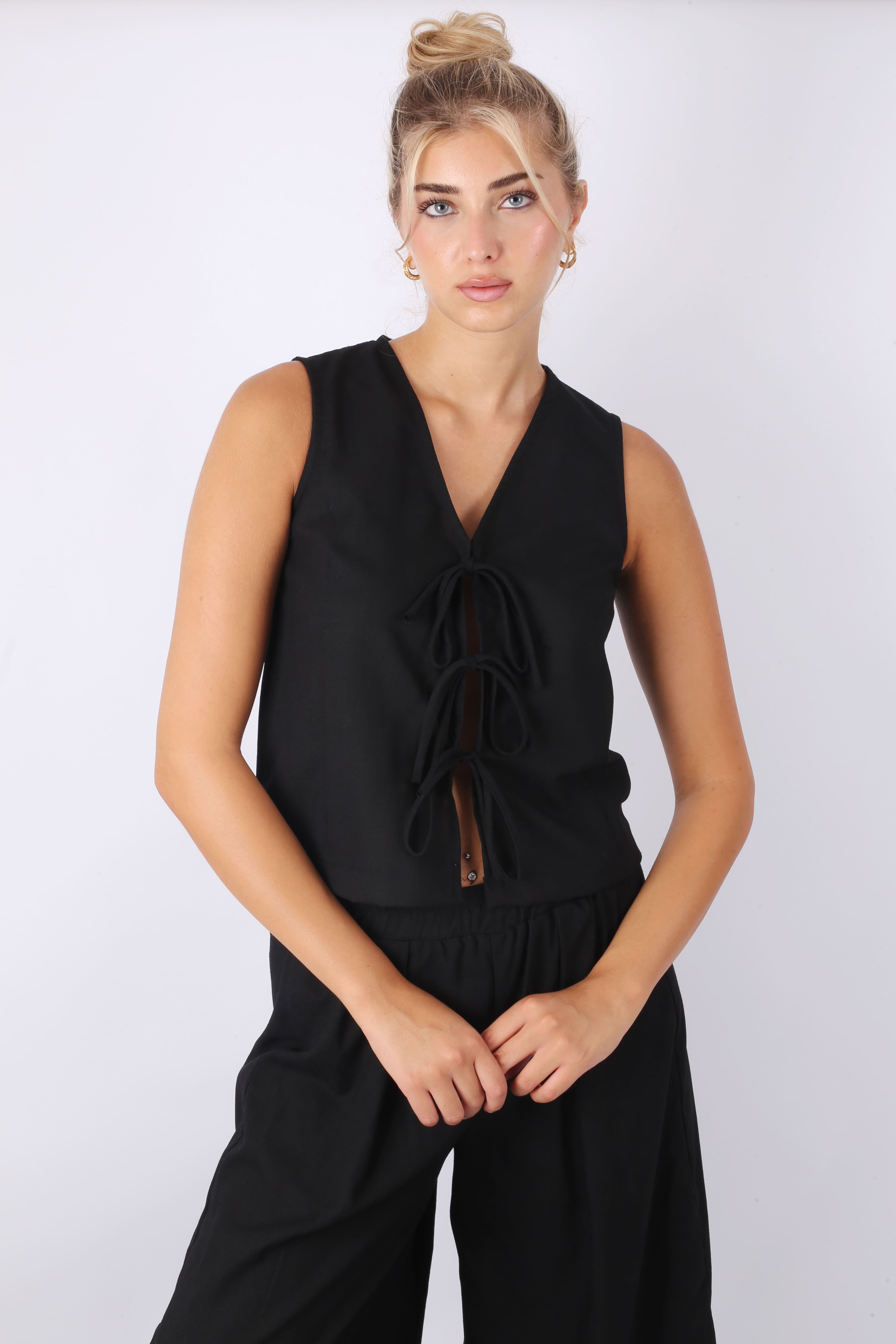 Black Tie-Front Sleeveless Set