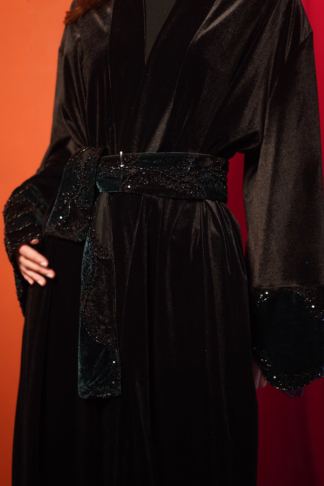 Black Velvet Abaya with Green Embroidery